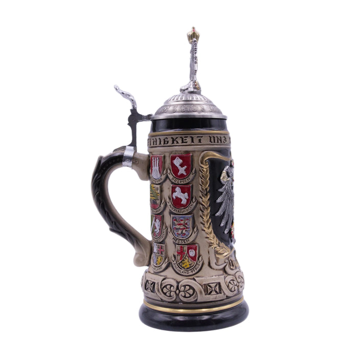 German Beer Stein 1/2 L (16.9 oz), Painted Pewter Relief Crest, EAGLE, Special Pewter Relief Lid (RD) - No. 1425-9009