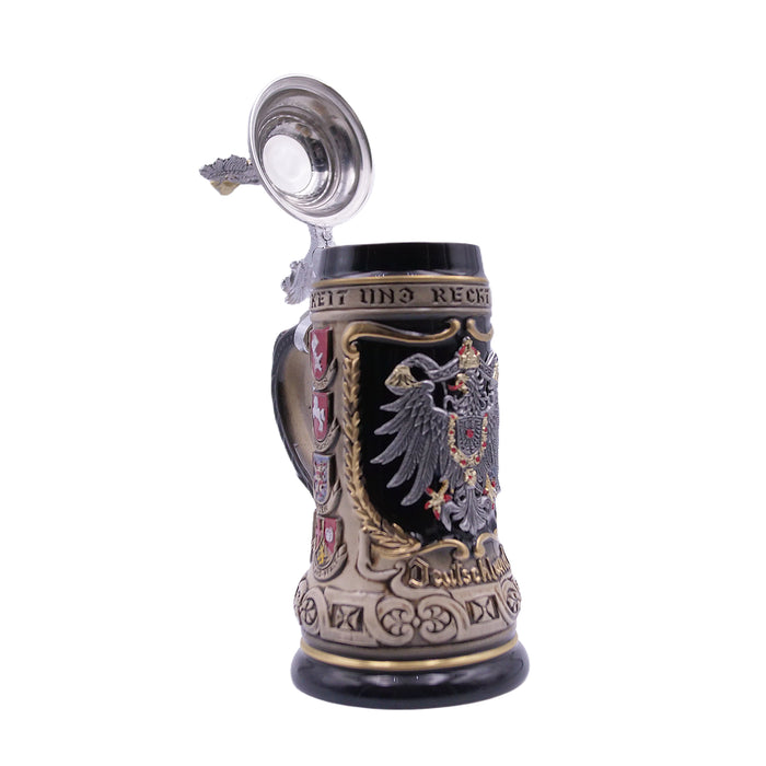 German Beer Stein 1/2 L (16.9 oz), Painted Pewter Relief Crest, EAGLE, Special Pewter Relief Lid (RD) - No. 1425-9009